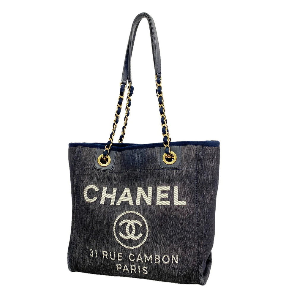 Chanel Deauville Chain Tote Bag, Denim, Navy, Women's, P3465776
